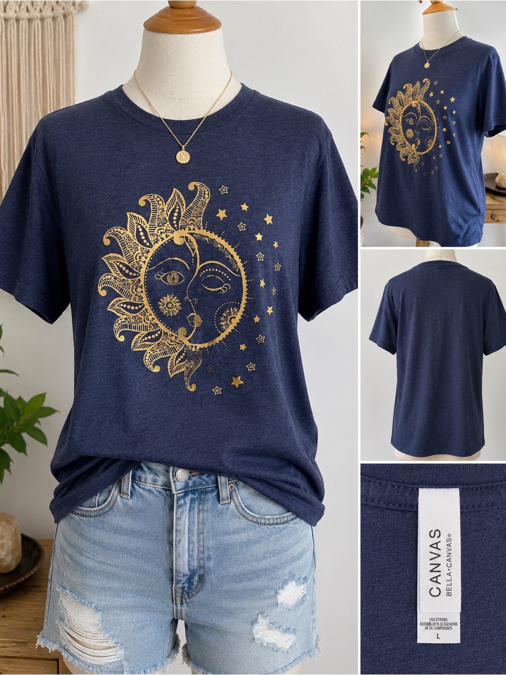 NWT Bella + Canvas Celestial Sun Moon Graphic Tee Navy Gold Boho Astrology Large